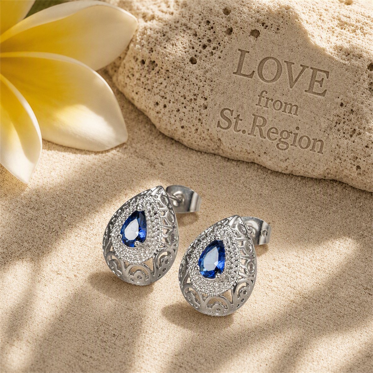 Navy Crystal and Silver-Plated Filigree Pear-Cut Stud Earrings, cubic zirconia stud earrings for women, lifestyle look