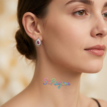 Rose Crystal and Silver-Plated Filigree Pear-Cut Stud Earrings, cubic zirconia stud earrings for women, styled look