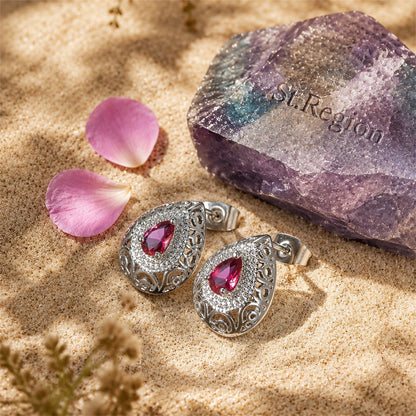 Rose Crystal and Silver-Plated Filigree Pear-Cut Stud Earrings, cubic zirconia stud earrings for women, detail close-up