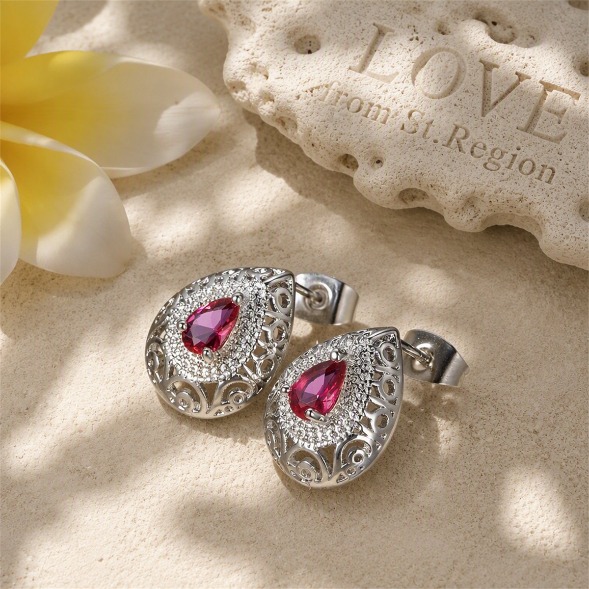 Rose Crystal and Silver-Plated Filigree Pear-Cut Stud Earrings, cubic zirconia stud earrings for women, lifestyle look