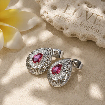 Rose Crystal and Silver-Plated Filigree Pear-Cut Stud Earrings, cubic zirconia stud earrings for women, lifestyle look