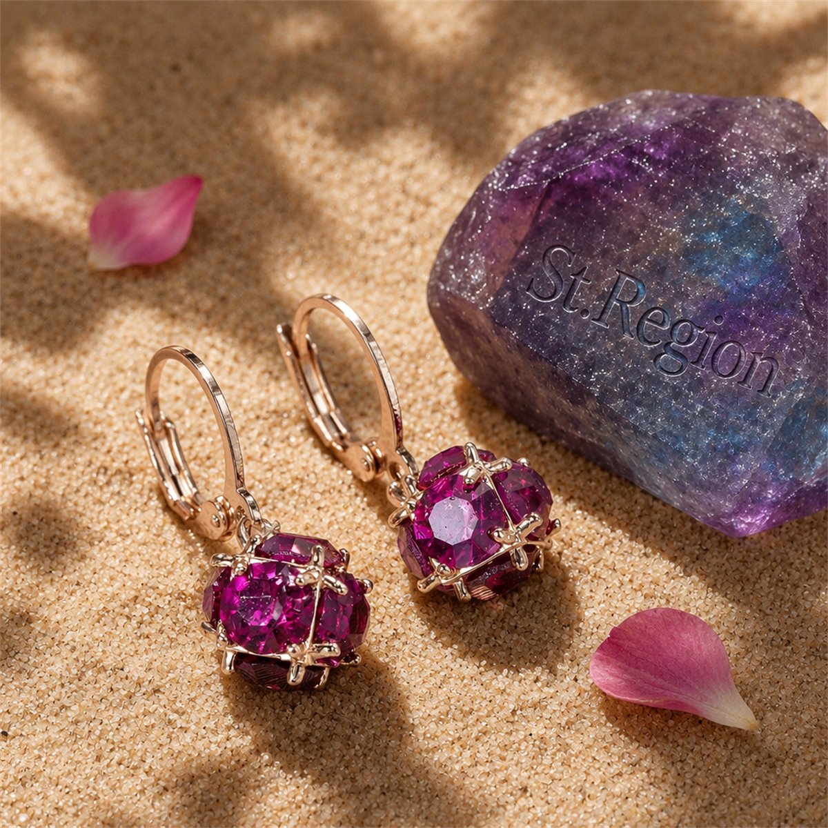 Rose Crystal and 18K Rose Gold-Plated Drop Earrings, rose gold huggie earrings, vintage-inspired design, detail close-up