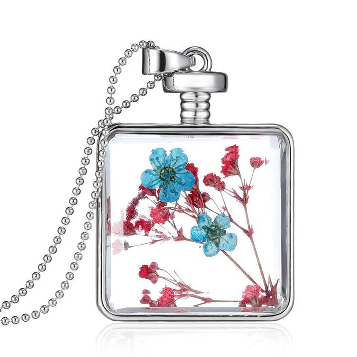 Blue and Red Pressed Flower Square Pendant Necklace, pendant necklace for women, botanical inspired, side view