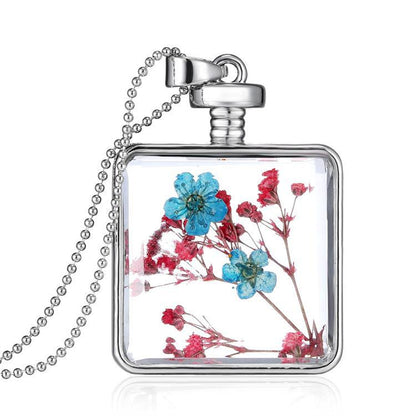 Blue and Red Pressed Flower Square Pendant Necklace, pendant necklace for women, botanical inspired, side view