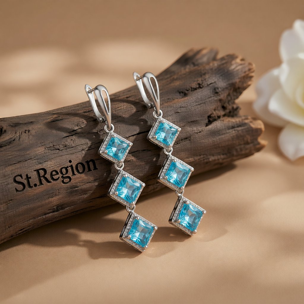 Blue Crystal & Silver-Plated Princess-Cut Stacked Drop Earrings