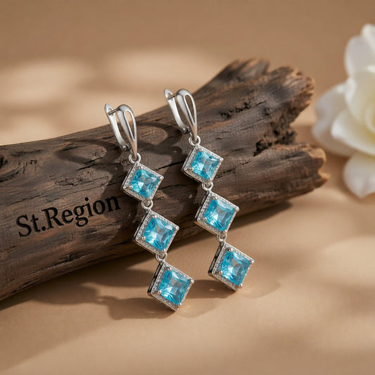 Blue Crystal & Silver-Plated Princess-Cut Stacked Drop Earrings