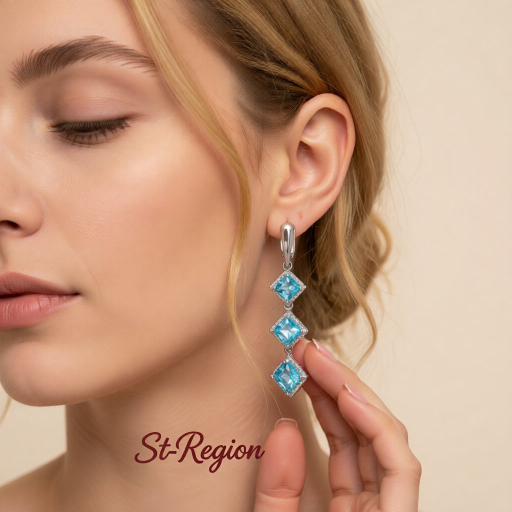 Blue Crystal & Silver-Plated Princess-Cut Stacked Drop Earrings