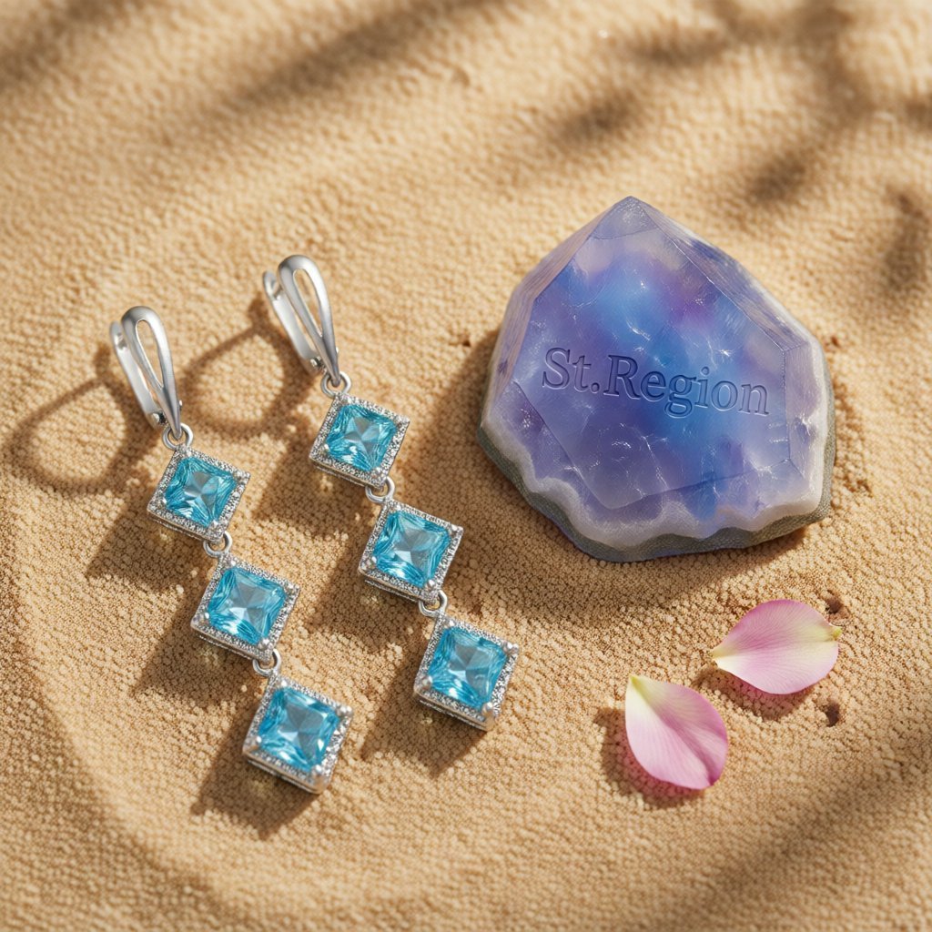 Blue Crystal & Silver-Plated Princess-Cut Stacked Drop Earrings