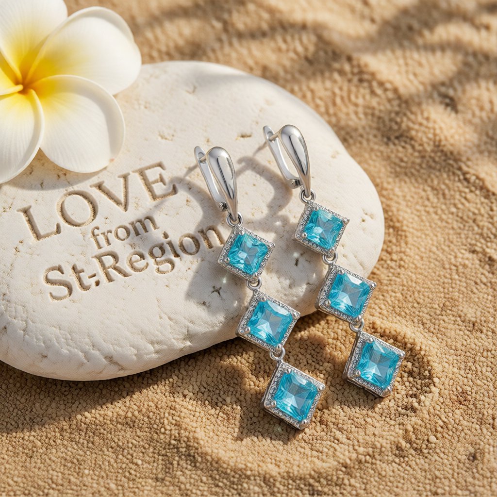 Blue Crystal & Silver-Plated Princess-Cut Stacked Drop Earrings