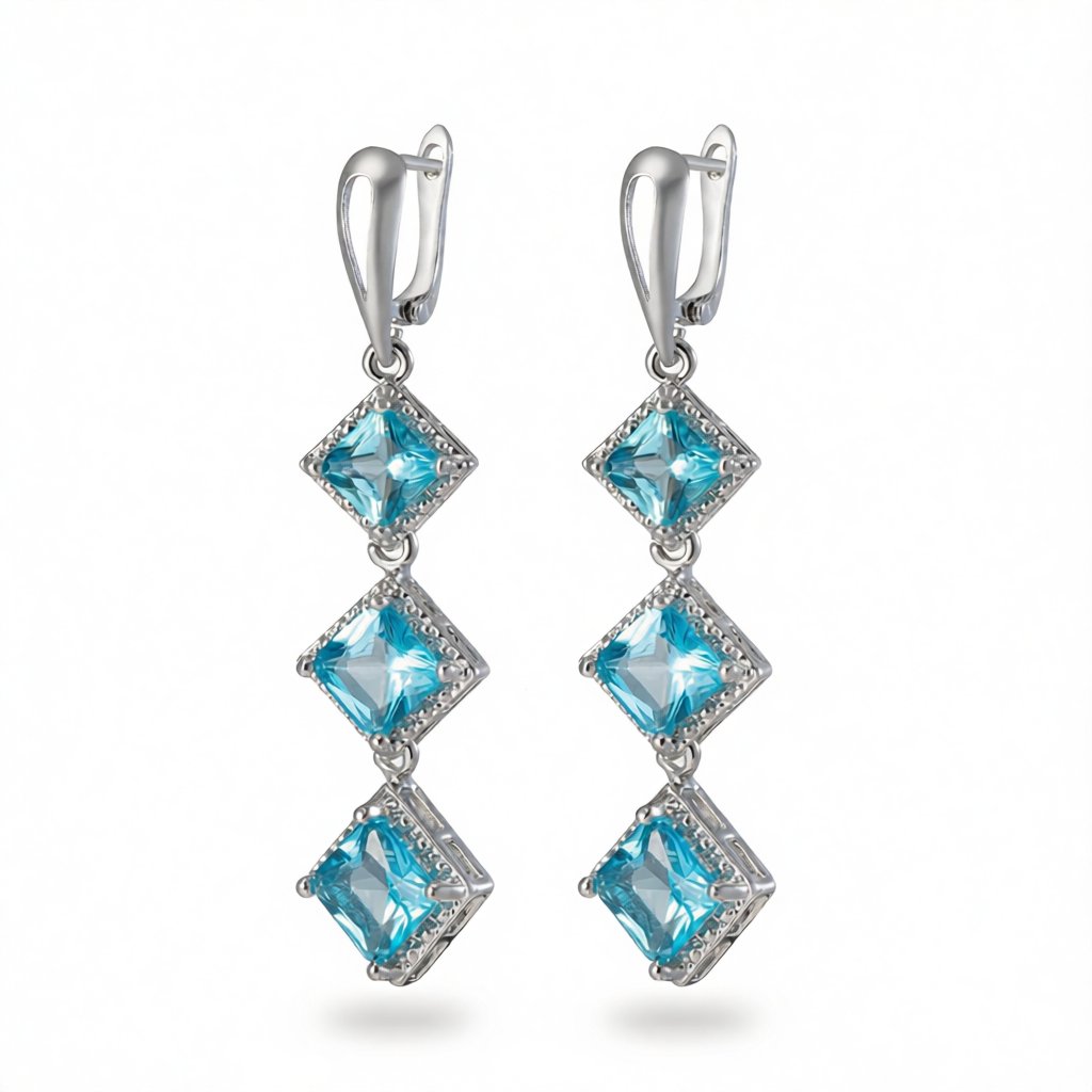 Blue Crystal & Silver-Plated Princess-Cut Stacked Drop Earrings