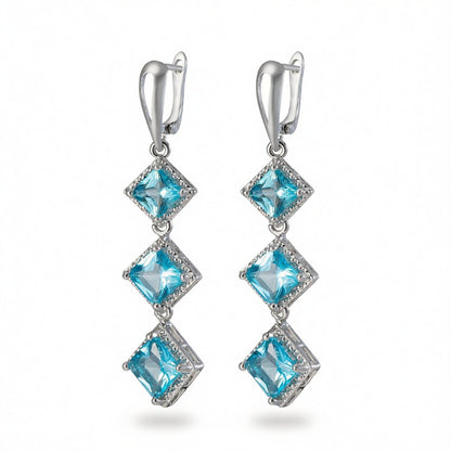Blue Crystal & Silver-Plated Princess-Cut Stacked Drop Earrings