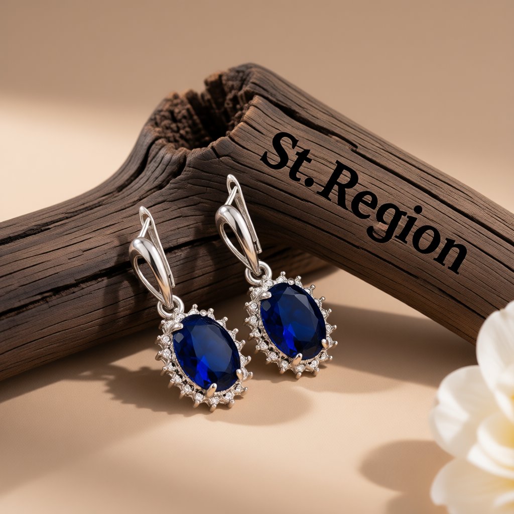 Navy Crystal and Silver-Plated Oval Drop Earrings, silver huggie earrings, dainty minimalist design, front view