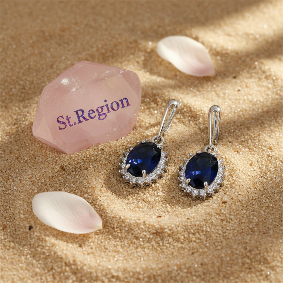 Navy Crystal and Silver-Plated Oval Drop Earrings, silver huggie earrings, dainty minimalist design, detail close-up