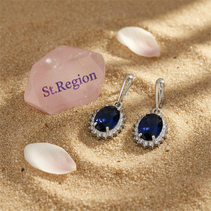Navy Crystal and Silver-Plated Oval Drop Earrings, silver huggie earrings, dainty minimalist design, detail close-up
