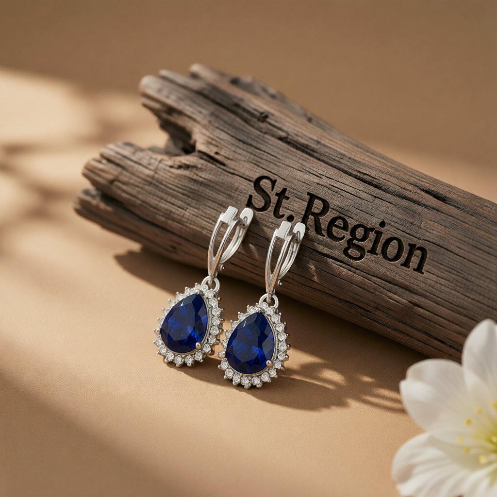 Navy Crystal and Silver-Plated Pear Drop Earrings, silver huggie earrings, vintage-inspired design, front view