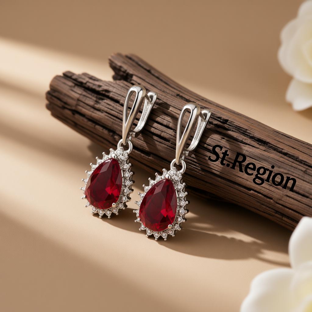 Red Crystal Pear-Cut Drop Earrings, huggie earrings, dainty minimalist design, front view