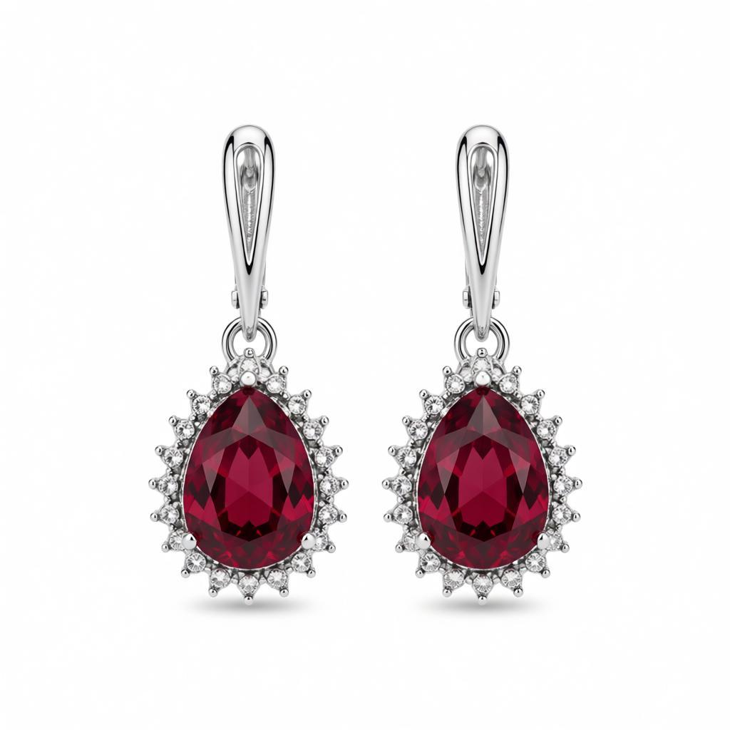 Red Crystal Pear-Cut Drop Earrings, huggie earrings, dainty minimalist design, side view