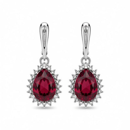 Red Crystal Pear-Cut Drop Earrings, huggie earrings, dainty minimalist design, side view