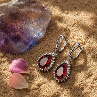 Red Crystal Pear-Cut Drop Earrings, huggie earrings, dainty minimalist design, detail close-up