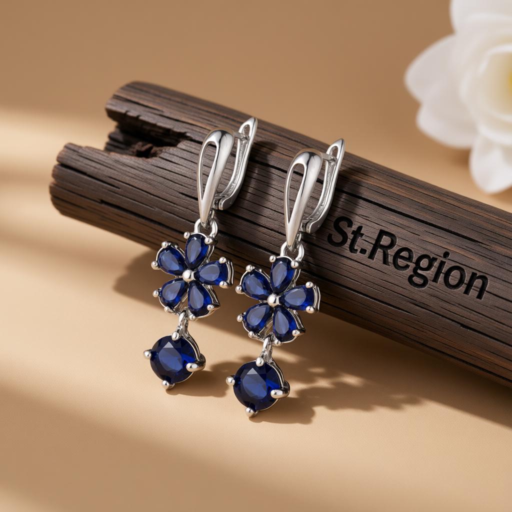 Navy Crystal Floral Drop Earrings, huggie earrings, elegant gift for her, front view