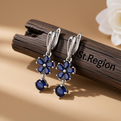 Navy Crystal Floral Drop Earrings, huggie earrings, elegant gift for her, front view