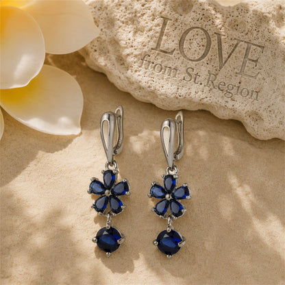 Navy Crystal Floral Drop Earrings, huggie earrings, elegant gift for her, lifestyle look