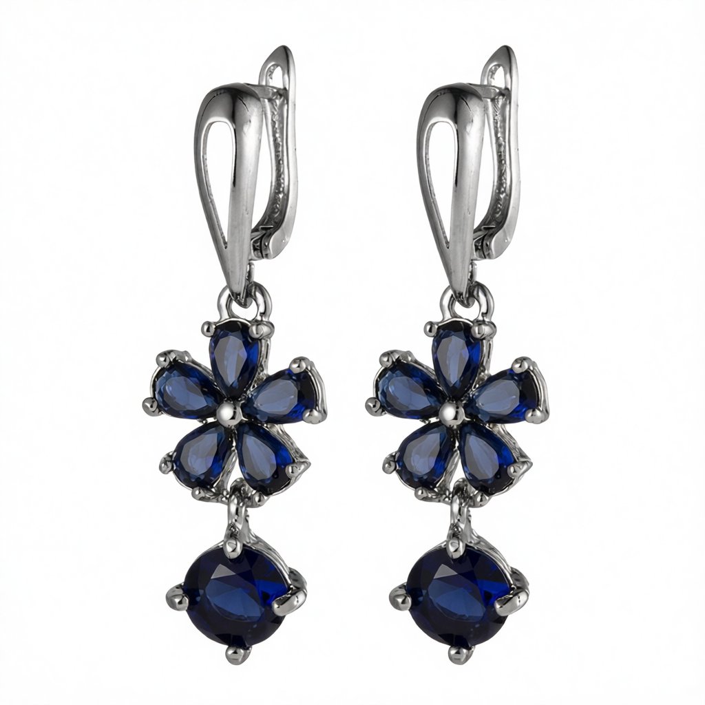Navy Crystal Floral Drop Earrings, huggie earrings, elegant gift for her, side view