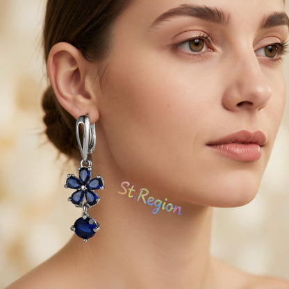 Navy Crystal Floral Drop Earrings, huggie earrings, elegant gift for her, styled look