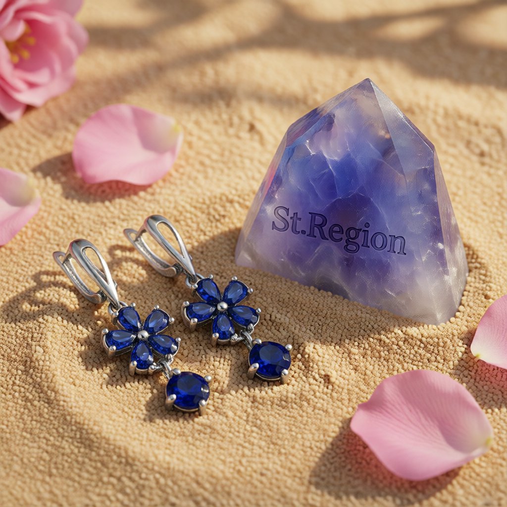 Navy Crystal Floral Drop Earrings, huggie earrings, elegant gift for her, detail close-up