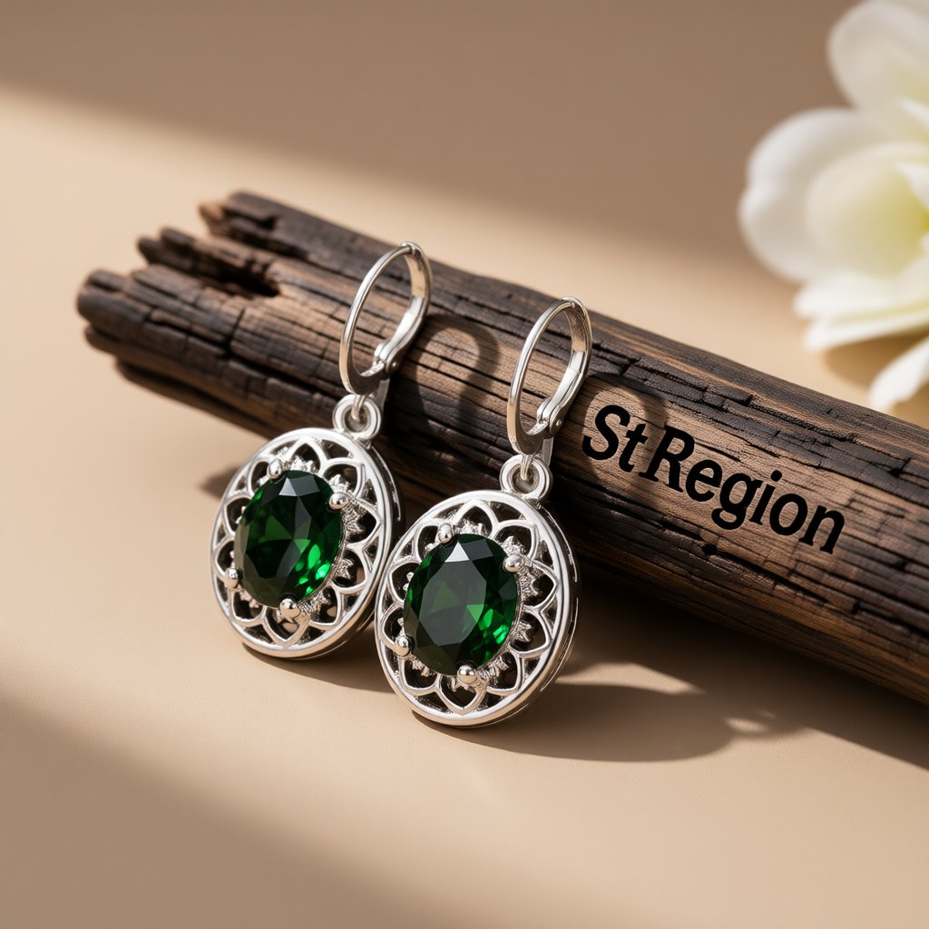 Green Crystal and Silver-Plated Floral Drop Earrings, silver huggie earrings, botanical inspired, front view