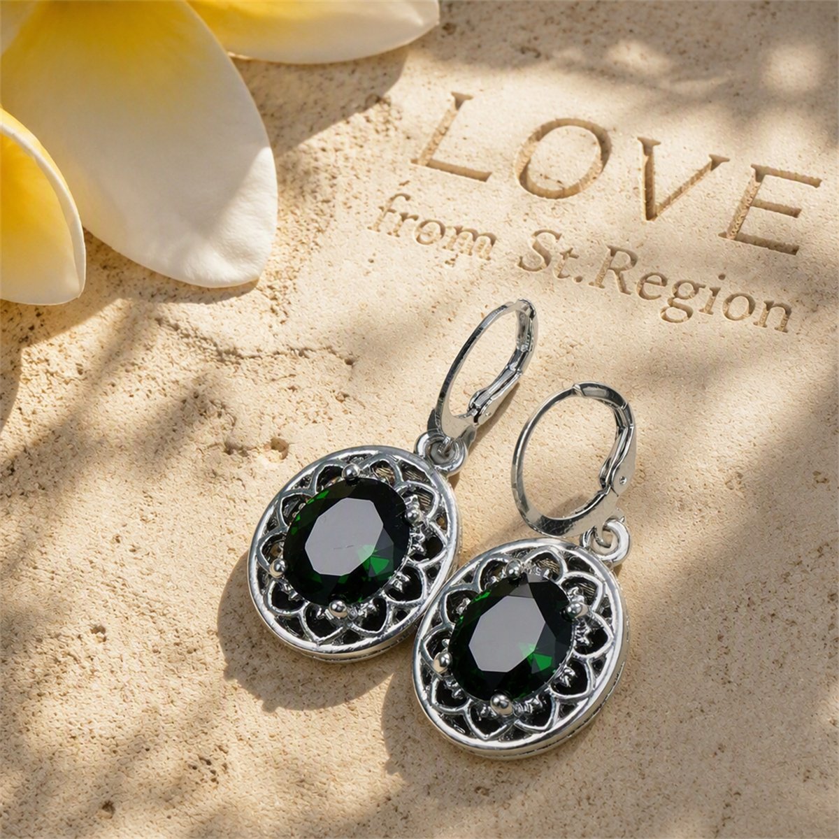 Green Crystal and Silver-Plated Floral Drop Earrings, silver huggie earrings, botanical inspired, lifestyle look