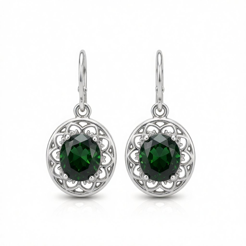 Green Crystal and Silver-Plated Floral Drop Earrings, silver huggie earrings, botanical inspired, side view