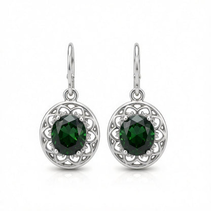 Green Crystal and Silver-Plated Floral Drop Earrings, silver huggie earrings, botanical inspired, side view