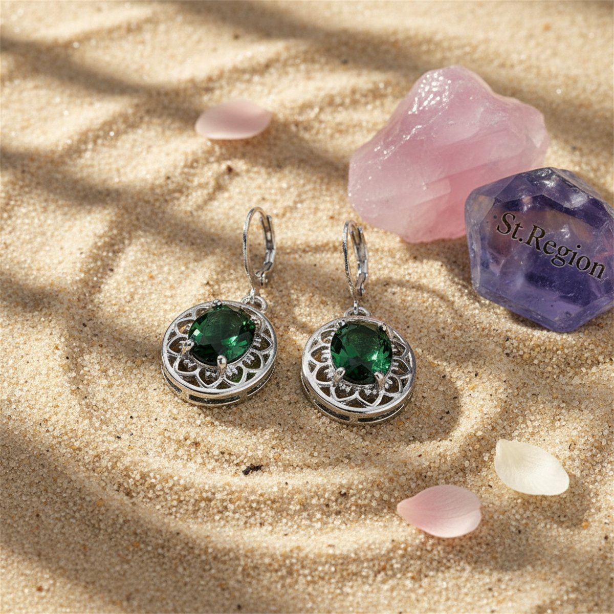 Green Crystal and Silver-Plated Floral Drop Earrings, silver huggie earrings, botanical inspired, detail close-up