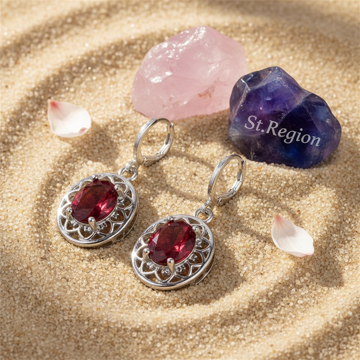 Rose Crystal and Silver-Plated Oval Drop Earrings, silver huggie earrings, dainty minimalist design, detail close-up