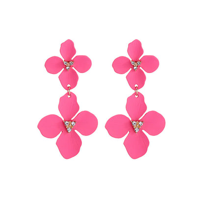 Rose Enamel and Cubic Zirconia 18K Gold-Plated Flower Dangle Earring, gold drop earrings for women, side view
