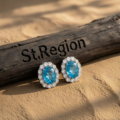 Sea Blue Crystal and Cubic Zirconia Hola Oval Stud Earrings, cubic zirconia stud earrings for women, front view