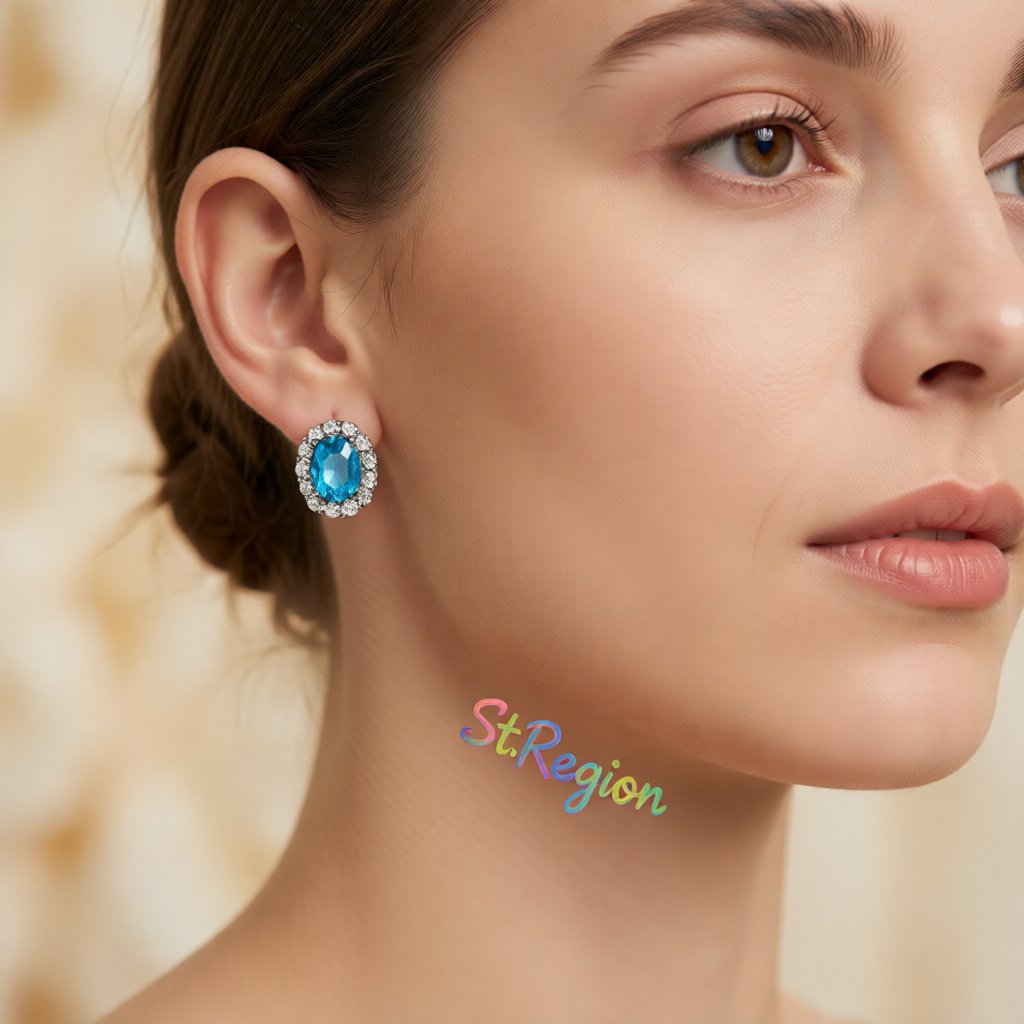 Sea Blue Crystal and Cubic Zirconia Hola Oval Stud Earrings, cubic zirconia stud earrings for women, styled look