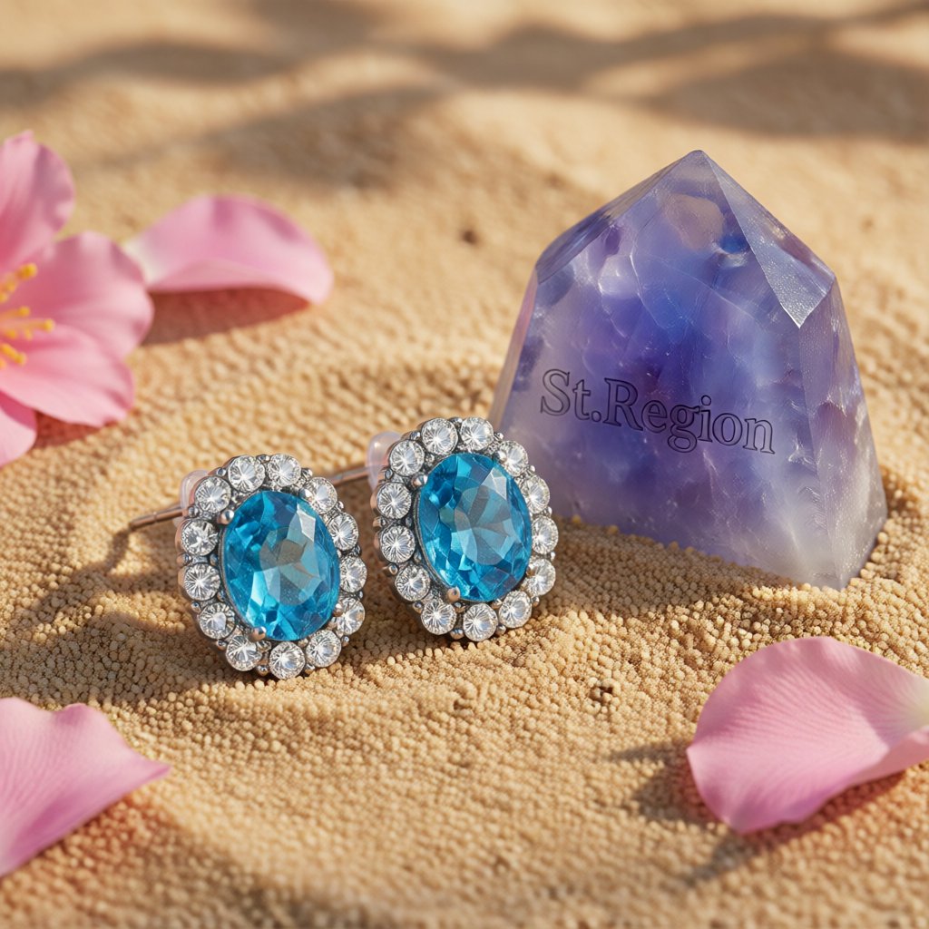 Sea Blue Crystal and Cubic Zirconia Hola Oval Stud Earrings, cubic zirconia stud earrings for women, detail close-up