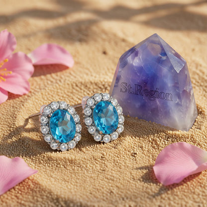 Sea Blue Crystal and Cubic Zirconia Hola Oval Stud Earrings, cubic zirconia stud earrings for women, detail close-up