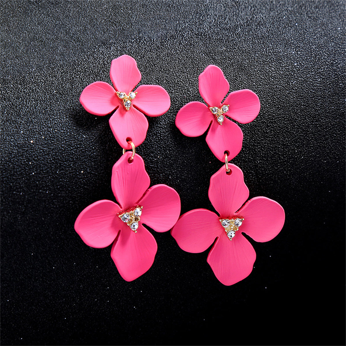 Rose Enamel and Cubic Zirconia 18K Gold-Plated Flower Dangle Earring, gold drop earrings for women, detail close-up