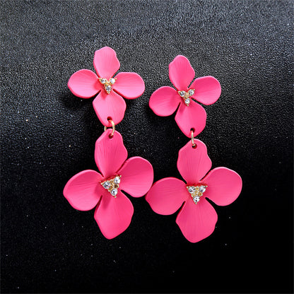 Rose Enamel and Cubic Zirconia 18K Gold-Plated Flower Dangle Earring, gold drop earrings for women, detail close-up