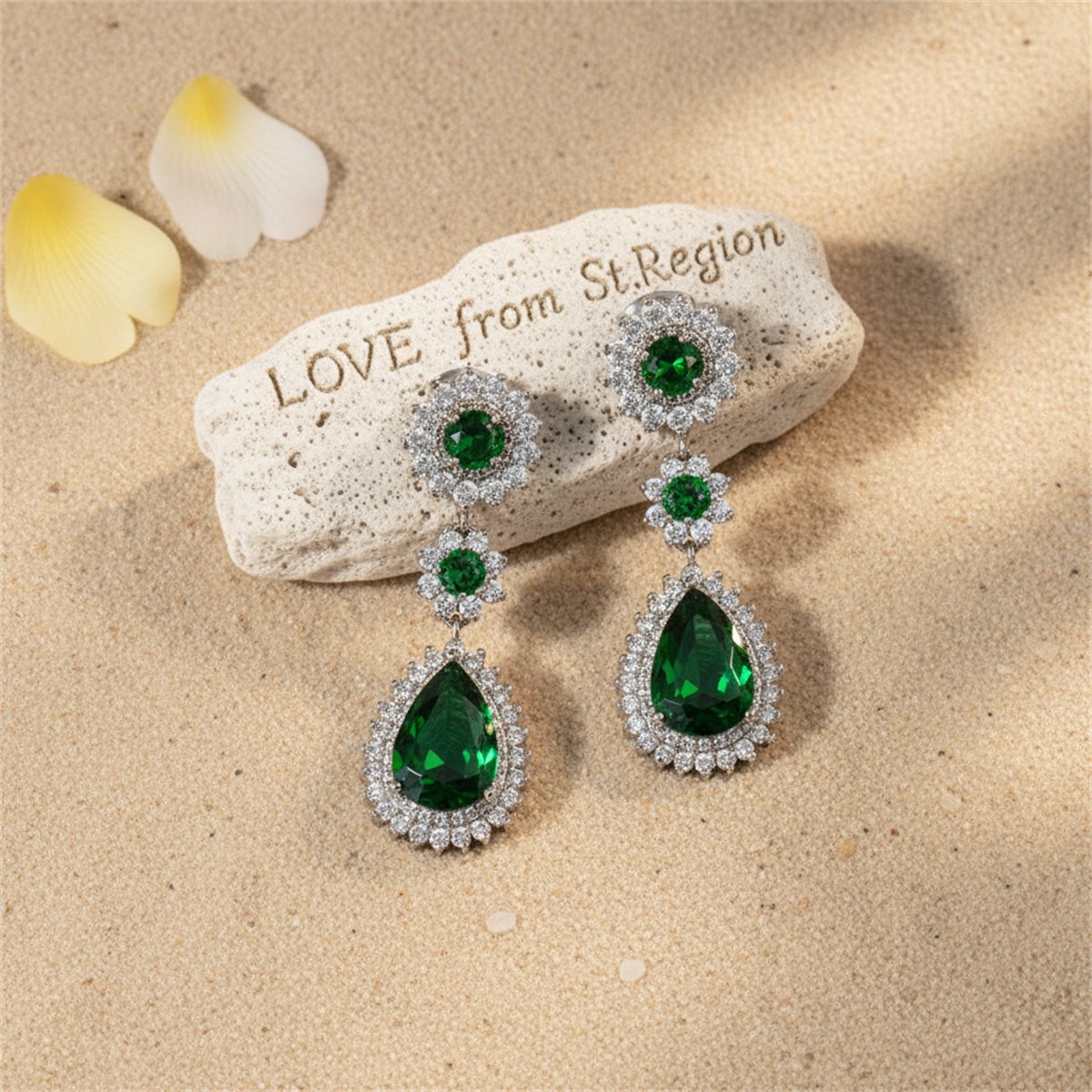 Green Crystal and Silver-Plated Halo Drop Earrings, silver drop earrings for women, botanical inspired, lifestyle look