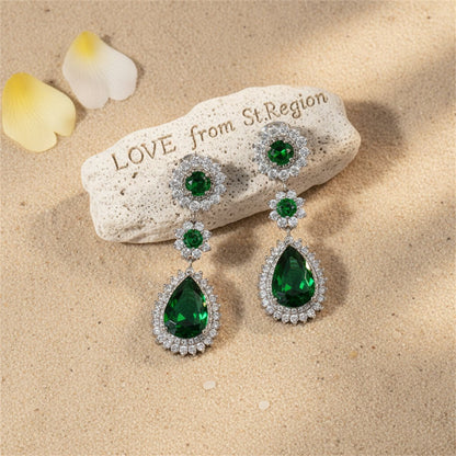 Green Crystal and Silver-Plated Halo Drop Earrings, silver drop earrings for women, botanical inspired, lifestyle look