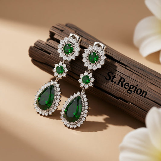 Green Crystal and Silver-Plated Halo Drop Earrings, silver drop earrings for women, botanical inspired, front view