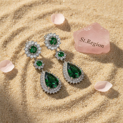 Green Crystal and Silver-Plated Halo Drop Earrings, silver drop earrings for women, botanical inspired, detail close-up