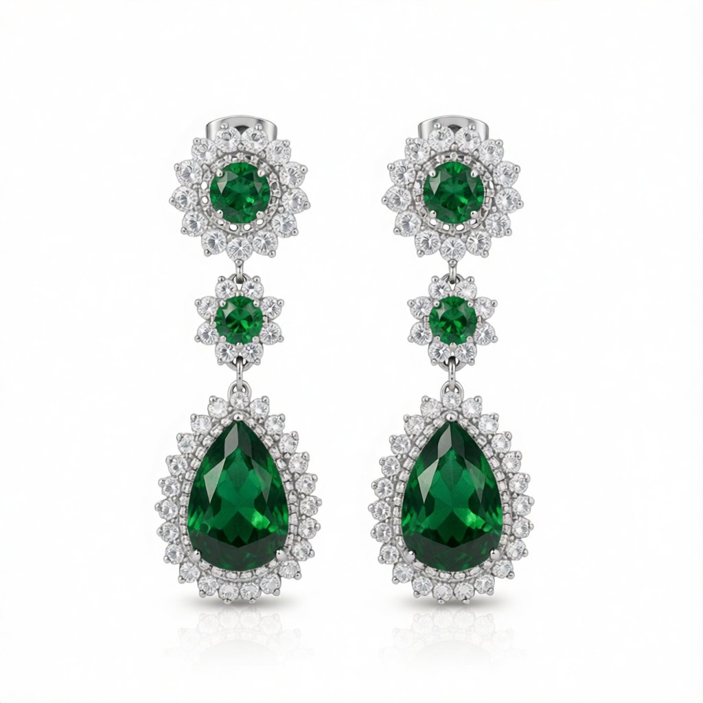 Green Crystal and Silver-Plated Halo Drop Earrings, silver drop earrings for women, botanical inspired, side view