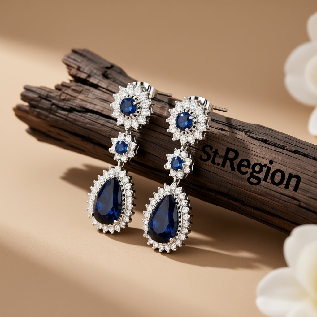 Navy Crystal and Silver-Plated Hola Drop Earrings, silver drop earrings for women, botanical inspired, front view