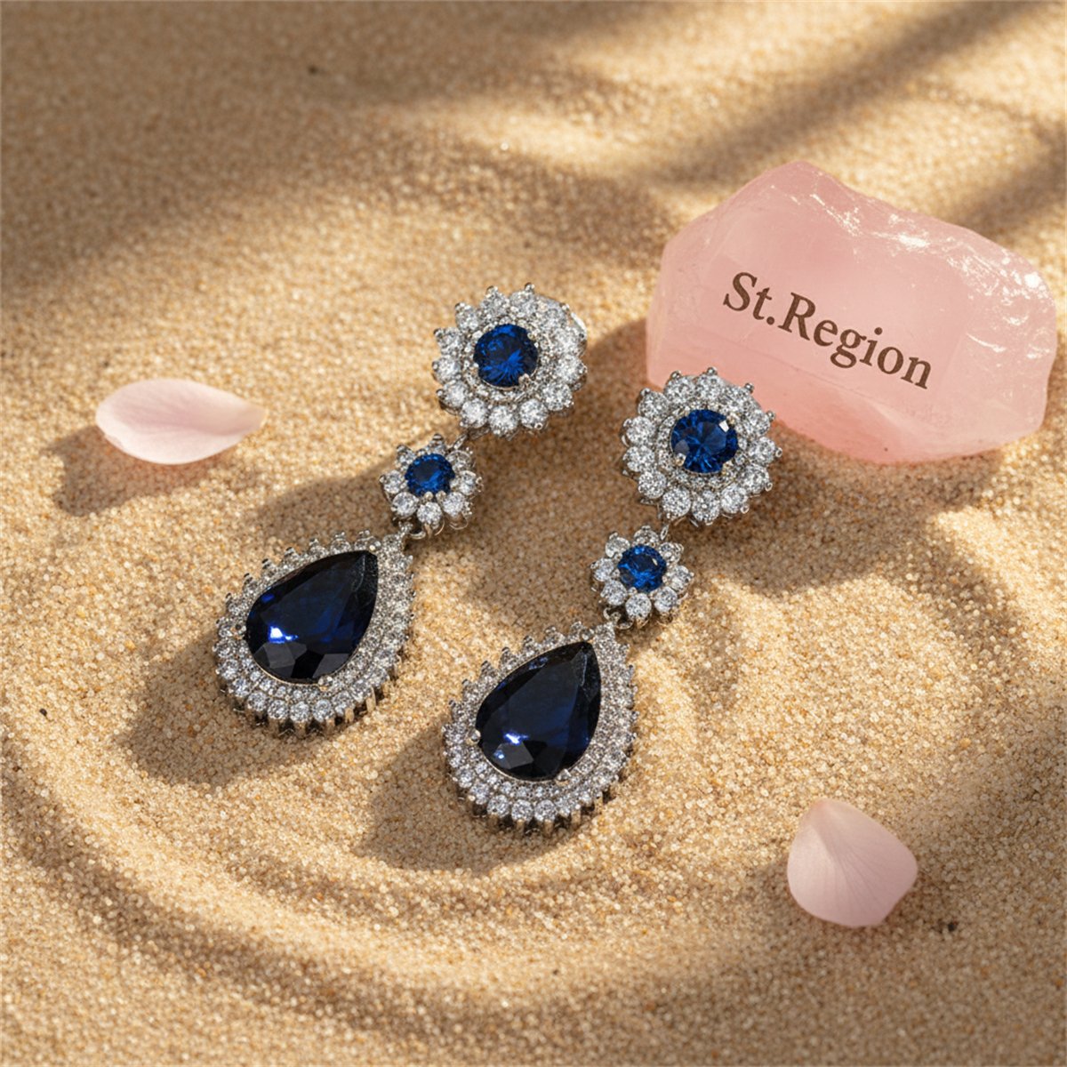 Navy Crystal and Silver-Plated Hola Drop Earrings, silver drop earrings for women, botanical inspired, detail close-up