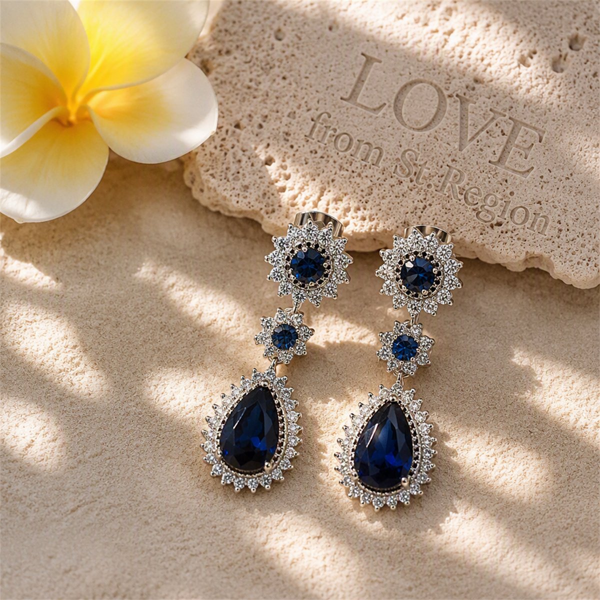 Navy Crystal and Silver-Plated Hola Drop Earrings, silver drop earrings for women, botanical inspired, lifestyle look
